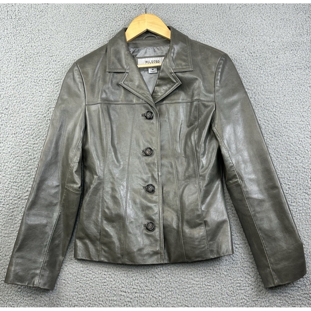 VTG Wilsons Maxima Leather Jacket Womens M (Small) Gray Button Up